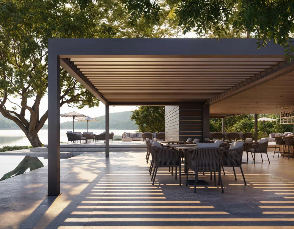 Buy your Pergola 1 Bioclimatic aluminium pergola with adjustable louvres over a lakeside dining terrace