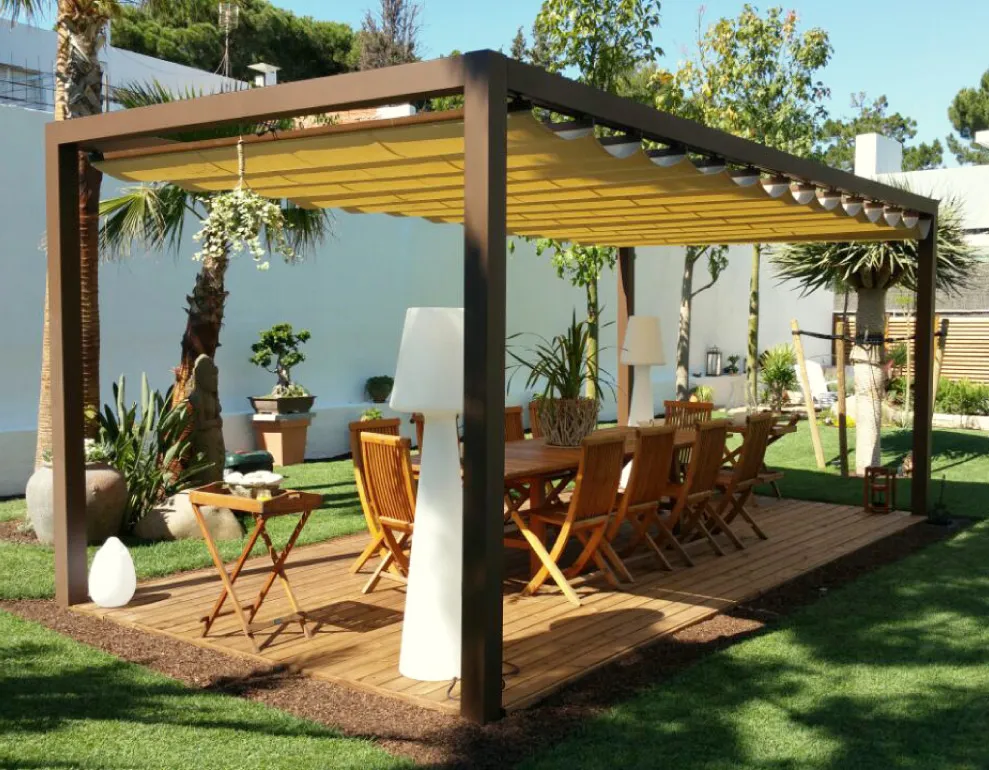 Buy your Pergola 2 Canvas pergola with retractable fabric roof over a garden dining table