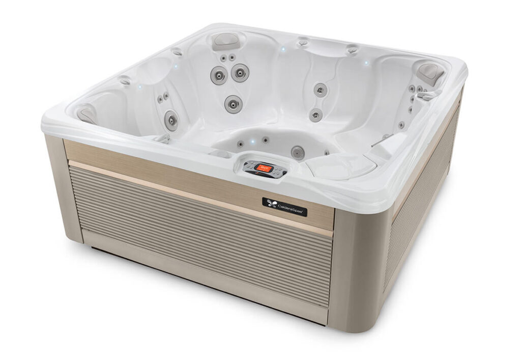 Hot Tubs 9 Hot Tubs caldera spas paradise series reunion model artic white parchment 3 4 view